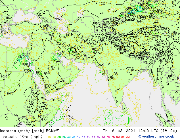 Isotachs (mph) ECMWF Th 16.05.2024 12 UTC