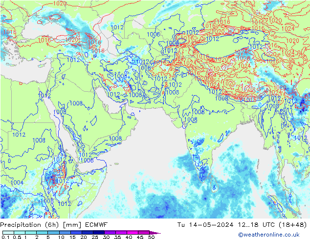 Totale neerslag (6h) ECMWF di 14.05.2024 18 UTC