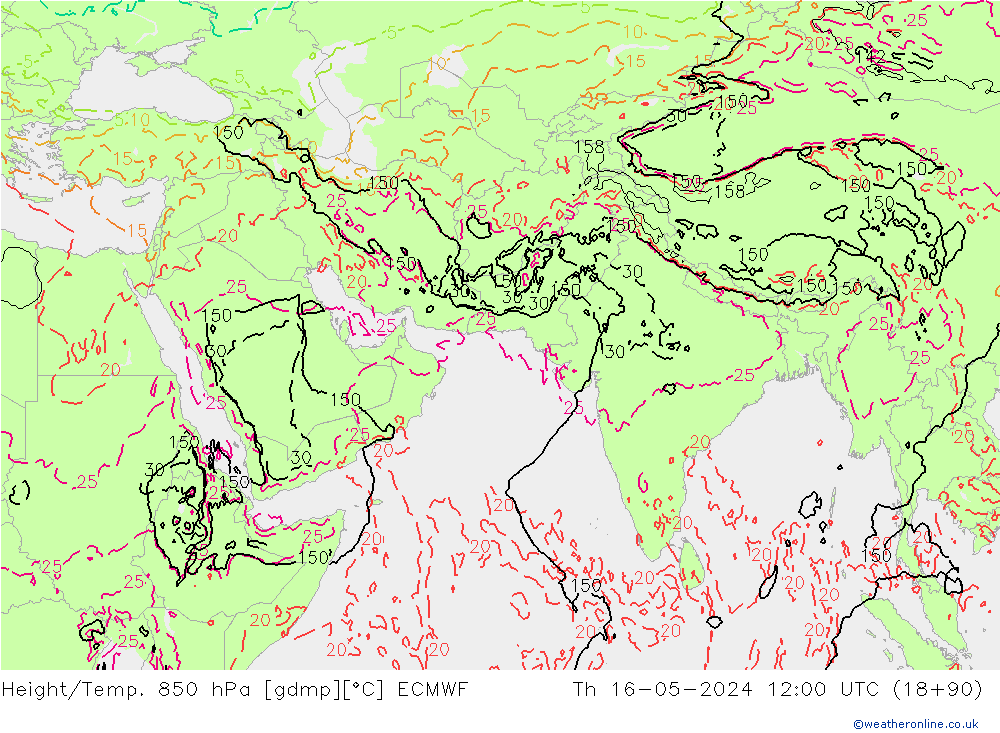 Yükseklik/Sıc. 850 hPa ECMWF Per 16.05.2024 12 UTC