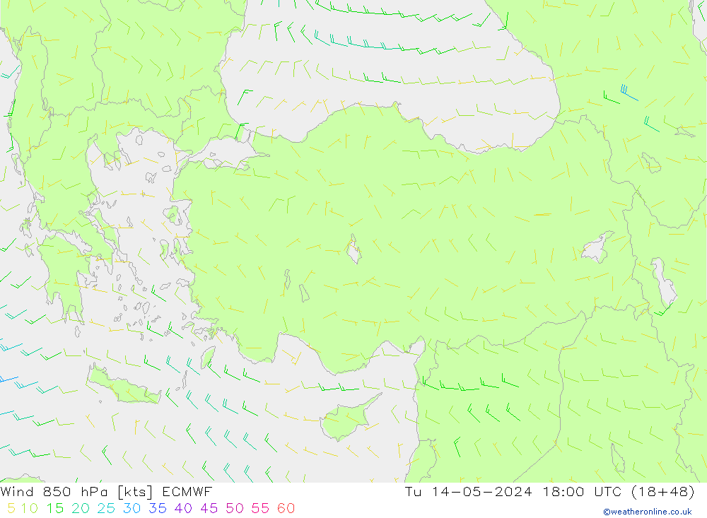 wiatr 850 hPa ECMWF wto. 14.05.2024 18 UTC
