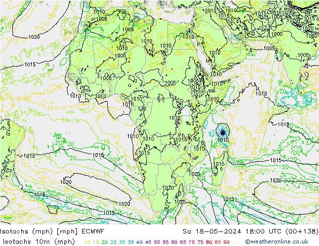 Isotaca (mph) ECMWF sáb 18.05.2024 18 UTC