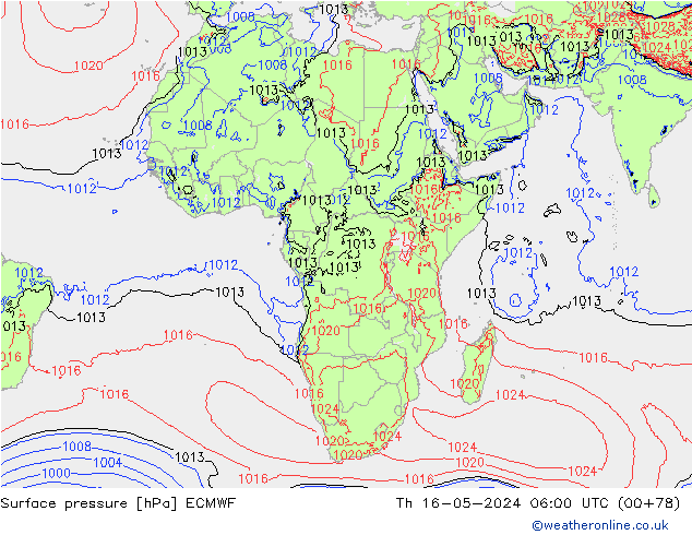 pressão do solo ECMWF Qui 16.05.2024 06 UTC
