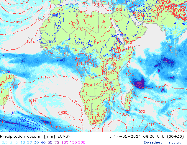 Precipitation accum. ECMWF вт 14.05.2024 06 UTC