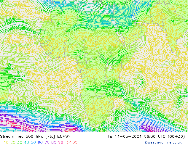 Linia prądu 500 hPa ECMWF wto. 14.05.2024 06 UTC