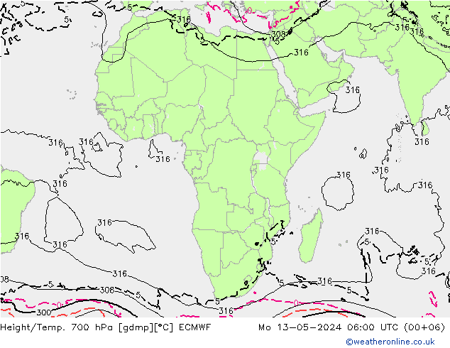 Yükseklik/Sıc. 700 hPa ECMWF Pzt 13.05.2024 06 UTC