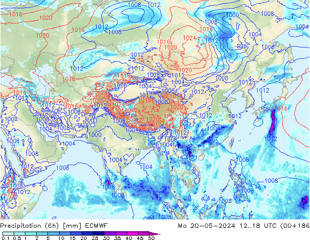 Totale neerslag (6h) ECMWF ma 20.05.2024 18 UTC