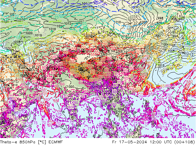 Theta-e 850hPa ECMWF Pá 17.05.2024 12 UTC