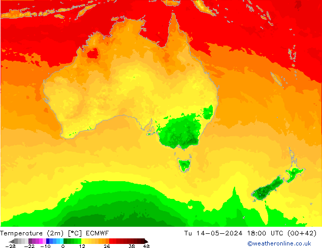 Temperatuurkaart (2m) ECMWF di 14.05.2024 18 UTC