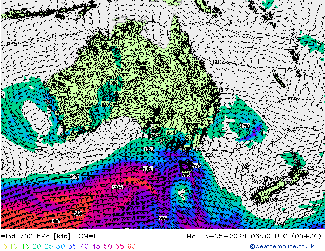 Wind 700 hPa ECMWF Po 13.05.2024 06 UTC