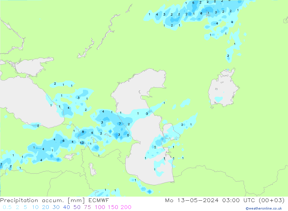 Precipitation accum. ECMWF lun 13.05.2024 03 UTC