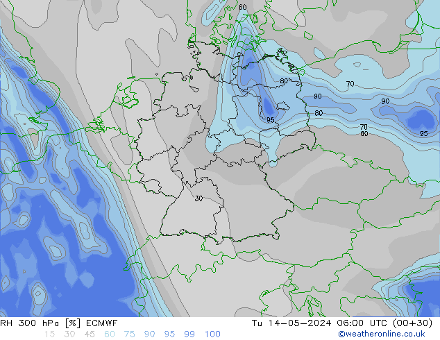 Humidité rel. 300 hPa ECMWF mar 14.05.2024 06 UTC