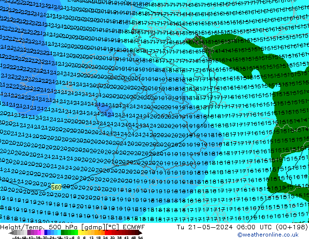 Z500/Rain (+SLP)/Z850 ECMWF Di 21.05.2024 06 UTC