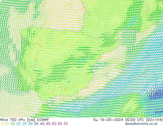 Wind 700 hPa ECMWF zo 19.05.2024 00 UTC