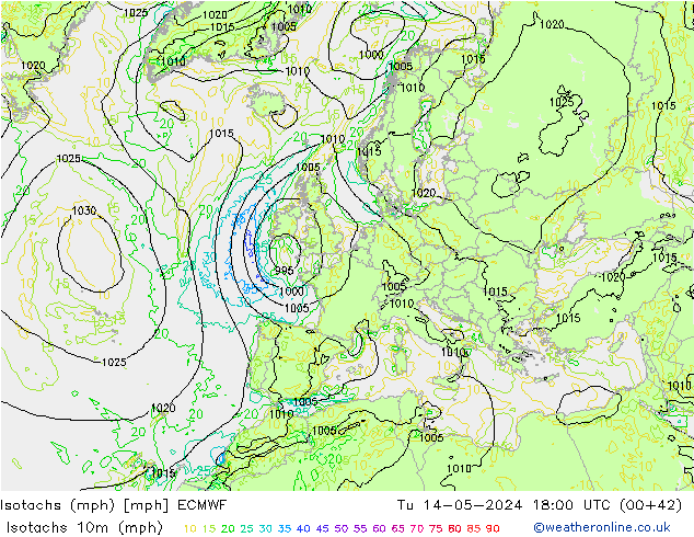 Isotachen (mph) ECMWF Di 14.05.2024 18 UTC