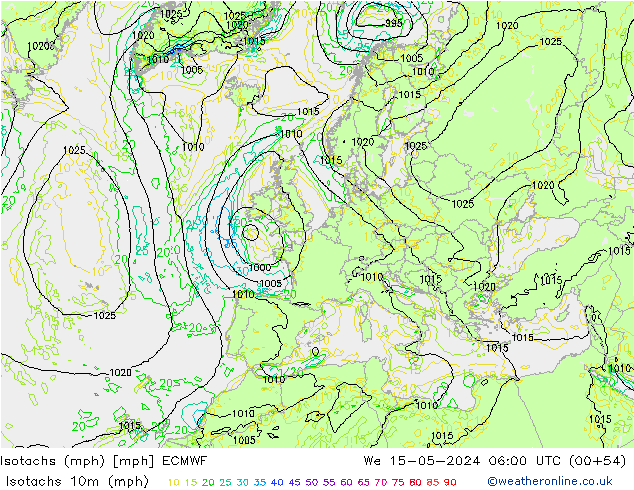 Isotachen (mph) ECMWF Mi 15.05.2024 06 UTC