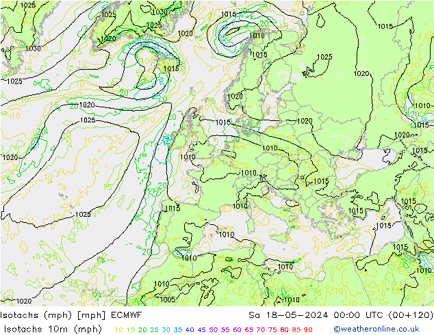 Isotachen (mph) ECMWF Sa 18.05.2024 00 UTC