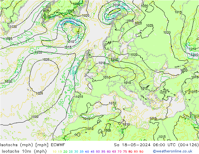 Isotachs (mph) ECMWF Sáb 18.05.2024 06 UTC
