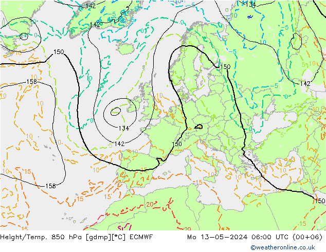 Z500/Rain (+SLP)/Z850 ECMWF pon. 13.05.2024 06 UTC