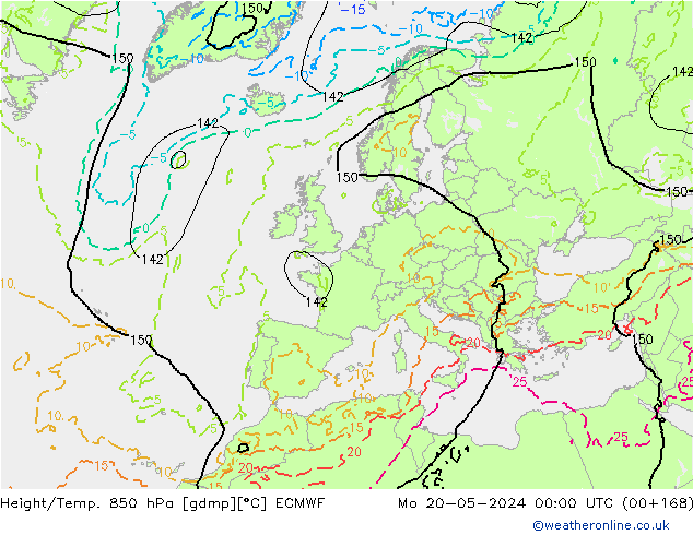 Z500/Yağmur (+YB)/Z850 ECMWF Pzt 20.05.2024 00 UTC