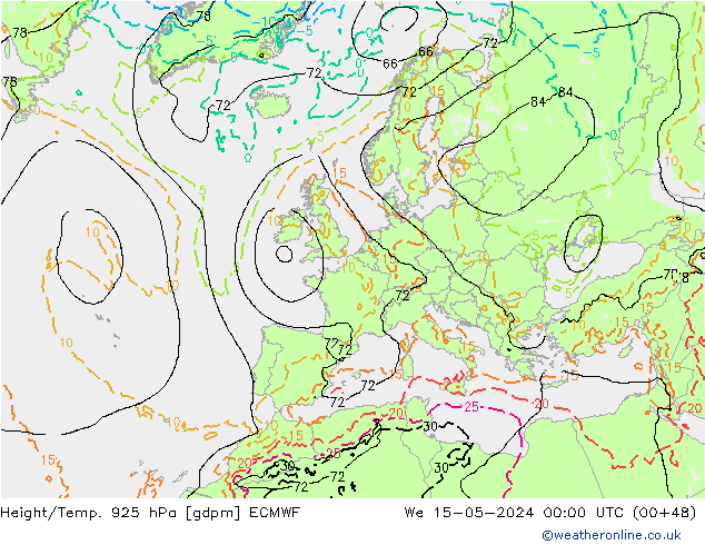 Height/Temp. 925 hPa ECMWF śro. 15.05.2024 00 UTC