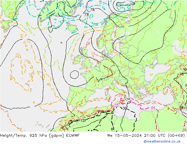 Hoogte/Temp. 925 hPa ECMWF wo 15.05.2024 21 UTC