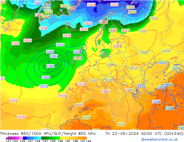 Thck 850-1000 hPa ECMWF czw. 23.05.2024 00 UTC