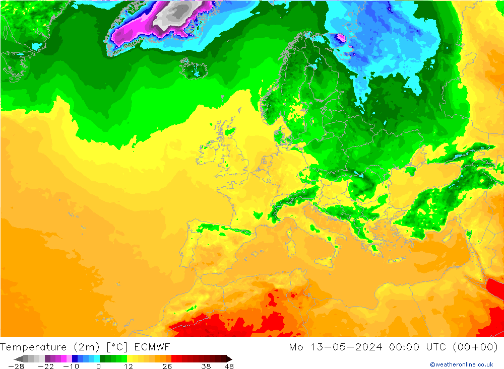 mapa temperatury (2m) ECMWF pon. 13.05.2024 00 UTC