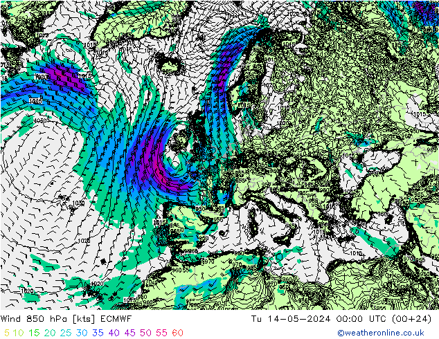 Wind 850 hPa ECMWF Tu 14.05.2024 00 UTC