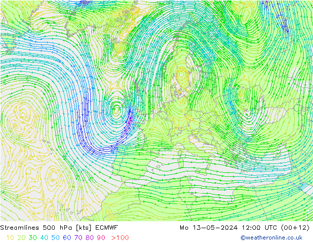 Rüzgar 500 hPa ECMWF Pzt 13.05.2024 12 UTC