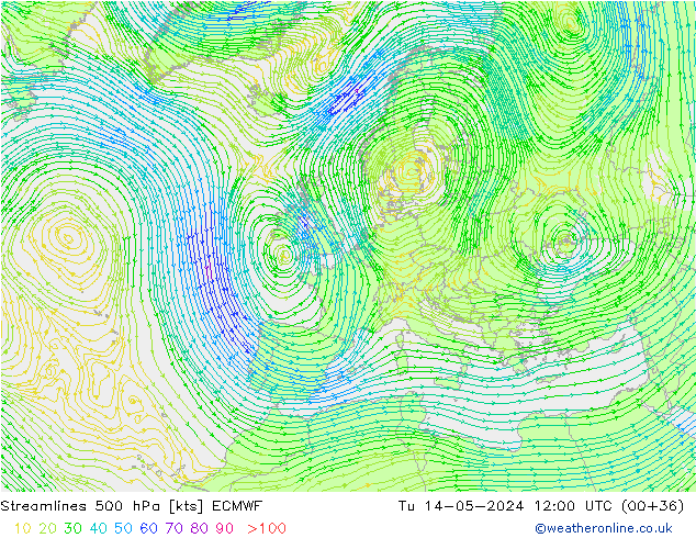 Linea di flusso 500 hPa ECMWF mar 14.05.2024 12 UTC