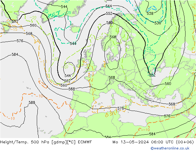Z500/Rain (+SLP)/Z850 ECMWF 星期一 13.05.2024 06 UTC