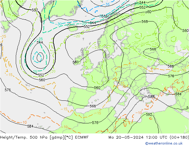 Yükseklik/Sıc. 500 hPa ECMWF Pzt 20.05.2024 12 UTC