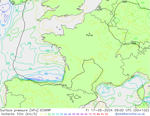 Isotachen (km/h) ECMWF vr 17.05.2024 06 UTC