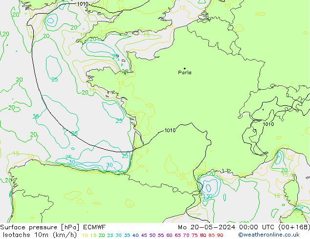 Isotaca (kph) ECMWF lun 20.05.2024 00 UTC