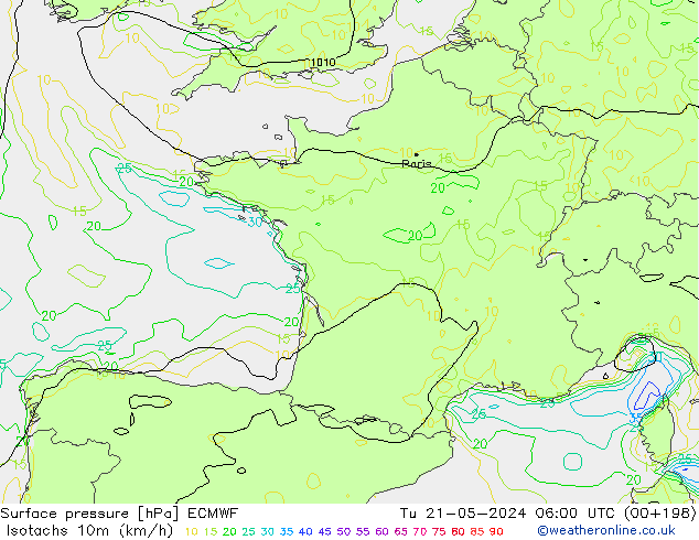 Isotachen (km/h) ECMWF Di 21.05.2024 06 UTC