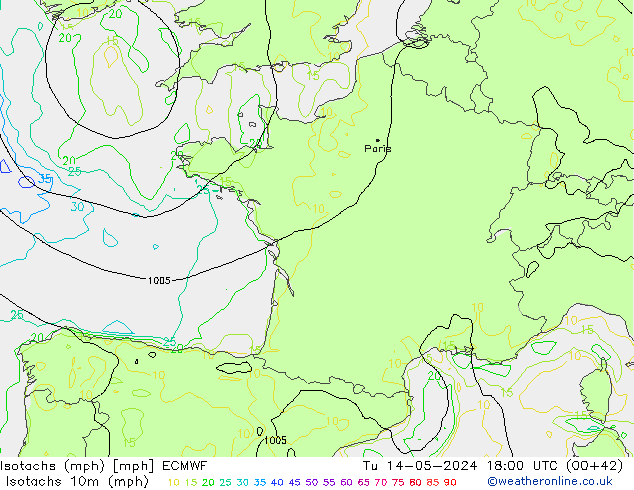 Isotachs (mph) ECMWF Tu 14.05.2024 18 UTC