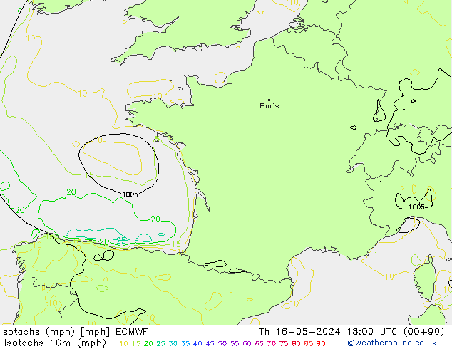 Isotachs (mph) ECMWF Th 16.05.2024 18 UTC