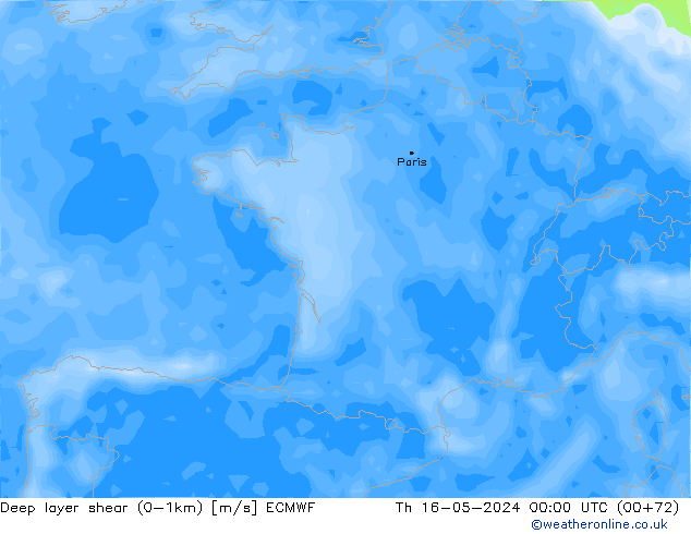 Deep layer shear (0-1km) ECMWF Per 16.05.2024 00 UTC
