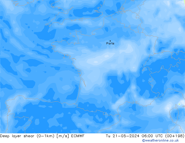 Deep layer shear (0-1km) ECMWF Di 21.05.2024 06 UTC