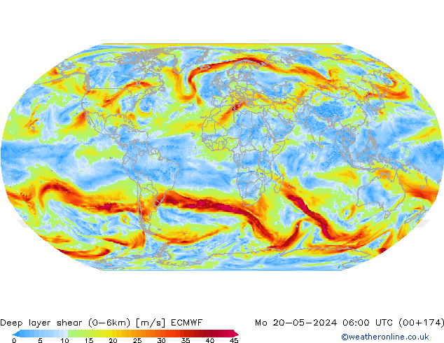 Deep layer shear (0-6km) ECMWF пн 20.05.2024 06 UTC