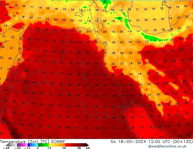 Temperatuurkaart (2m) ECMWF za 18.05.2024 12 UTC