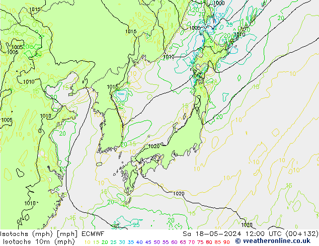 Isotachs (mph) ECMWF Sáb 18.05.2024 12 UTC