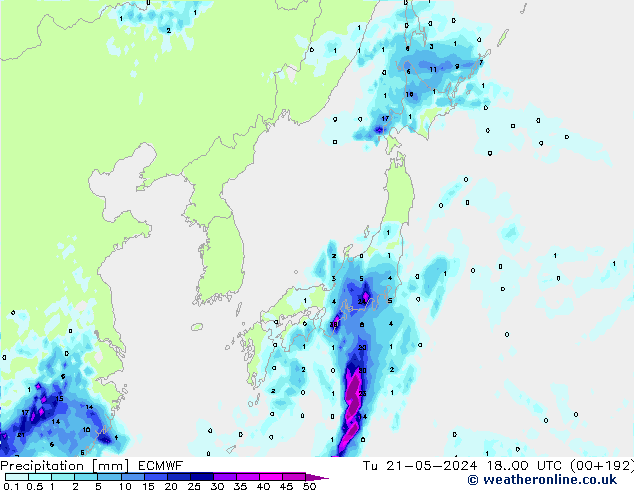 Precipitation ECMWF Tu 21.05.2024 00 UTC