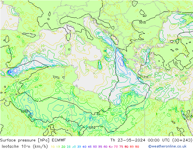 Isotaca (kph) ECMWF jue 23.05.2024 00 UTC