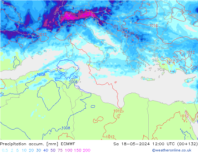 Precipitation accum. ECMWF сб 18.05.2024 12 UTC
