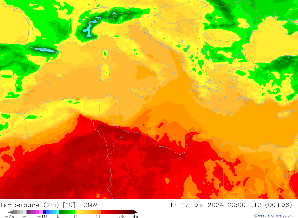 mapa temperatury (2m) ECMWF pt. 17.05.2024 00 UTC