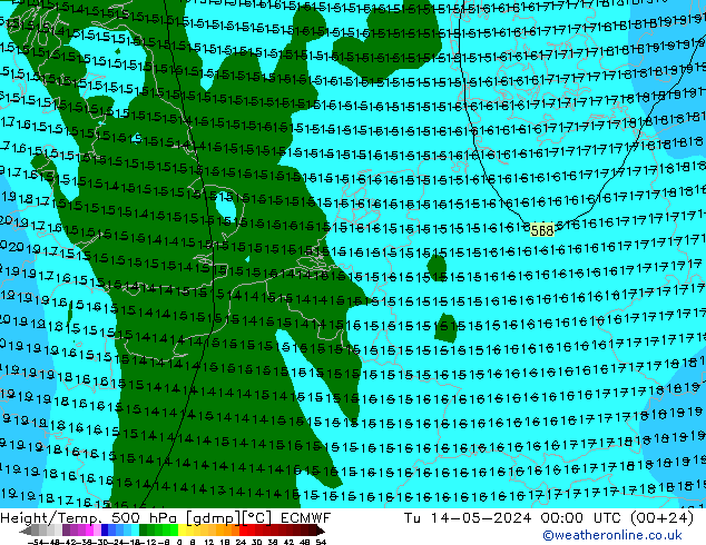 Z500/Rain (+SLP)/Z850 ECMWF Út 14.05.2024 00 UTC