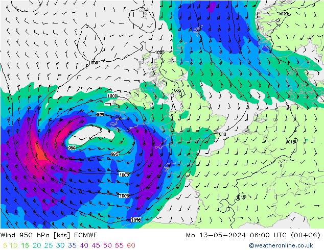 Prec 6h/Wind 10m/950 ECMWF Mo 13.05.2024 06 UTC