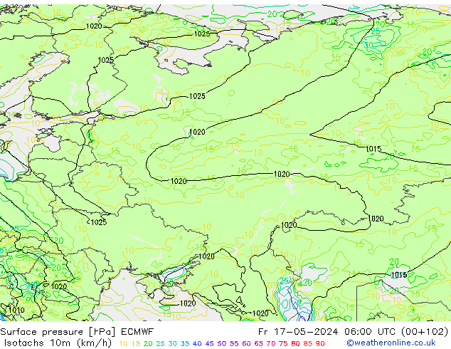Isotachs (kph) ECMWF ven 17.05.2024 06 UTC