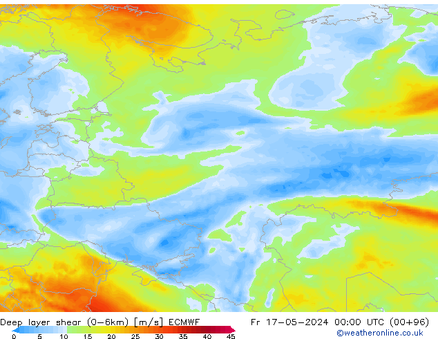 Deep layer shear (0-6km) ECMWF Cu 17.05.2024 00 UTC